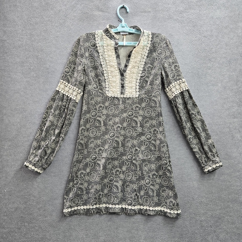 Free People Women Dress 4 Black Linen Tribal Grunge‎ Boho Lace Embroidered